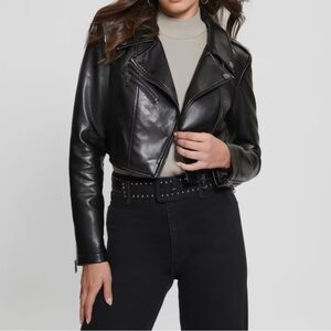Guess Black Moto Leather Jacket with Asymmetrical Zipper